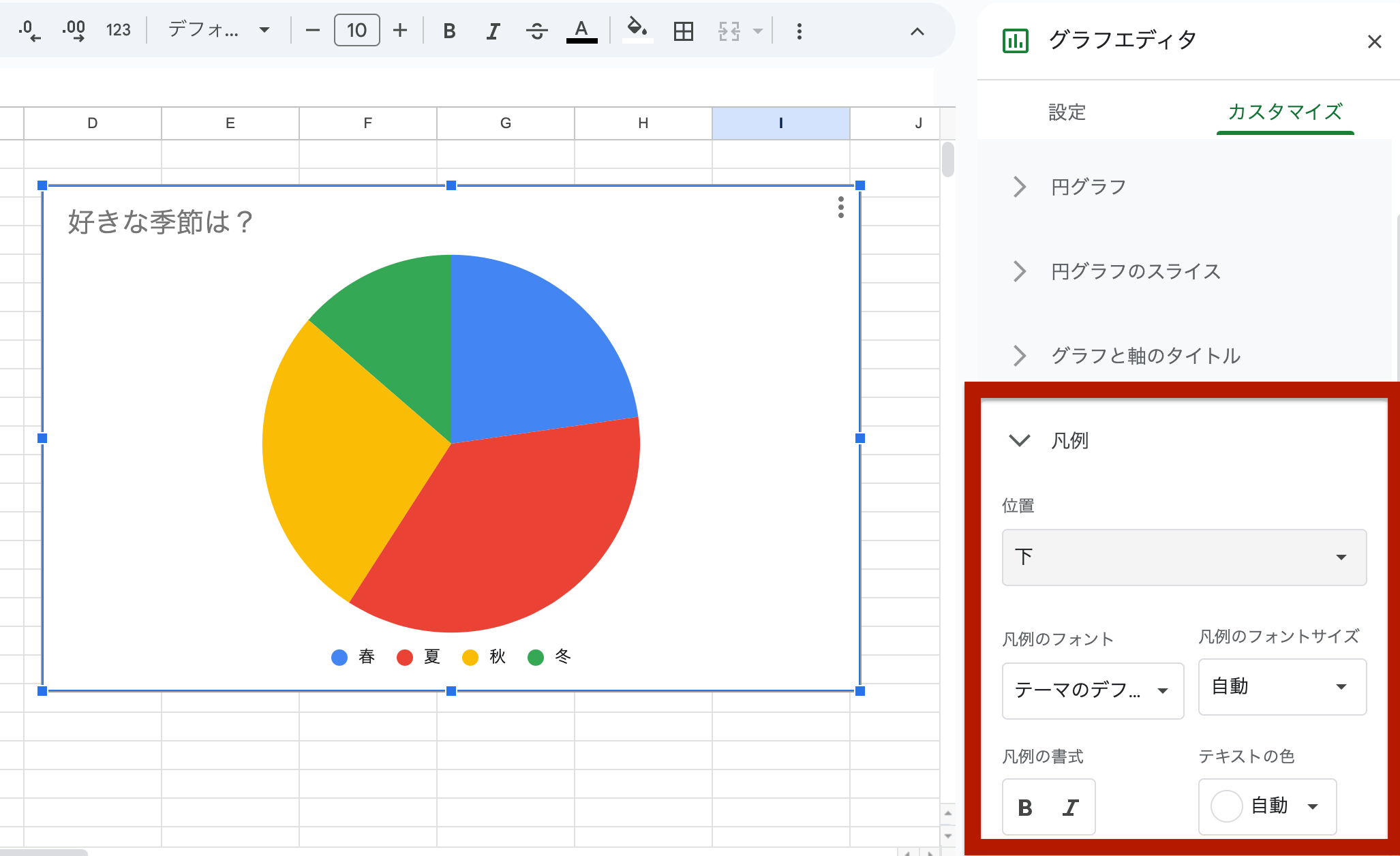 スプレッドシートのグラフの凡例表示の設定をする画面